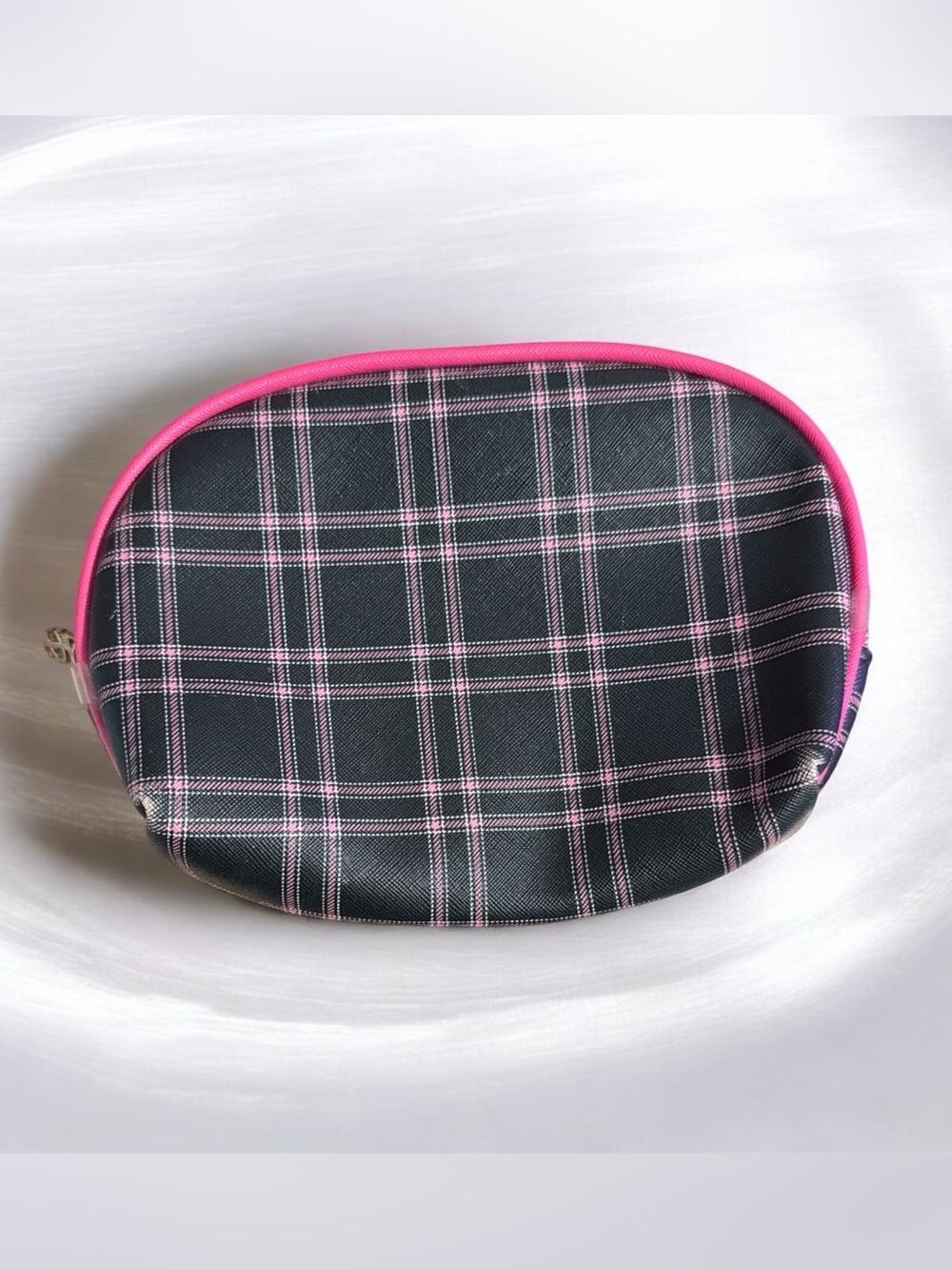 Juicy Couture Black and Pink Plaid Cosmetic Pouch - Small Travel Makeup Bag